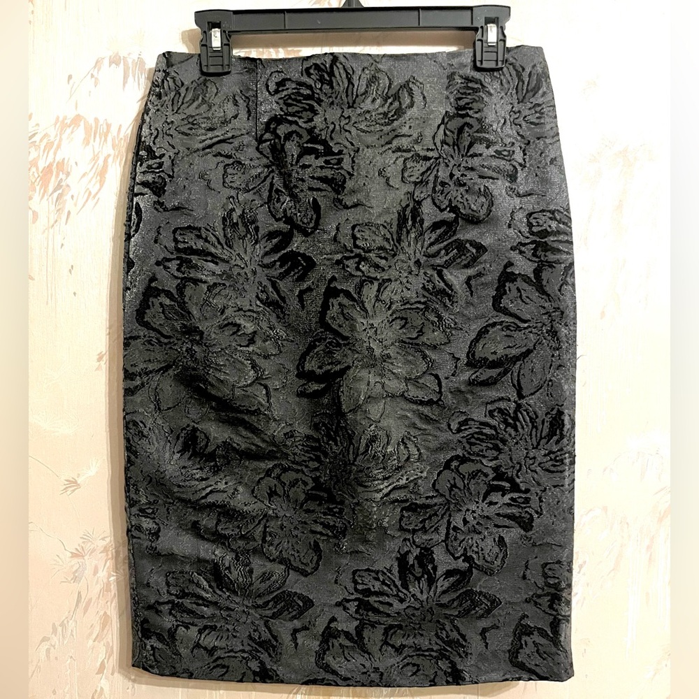 Vintage Metallic Floral Brocade Pencil Skirt Grey Black Jacquard Shimmer Size 2